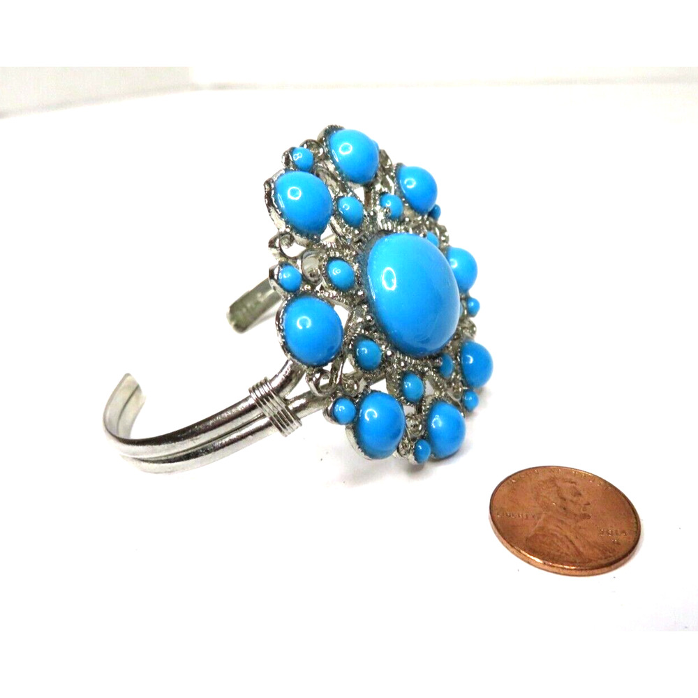 Faux Turquoise Silver Tone Cabochon Blossom Southwestern Cuff Bangle Bracelet